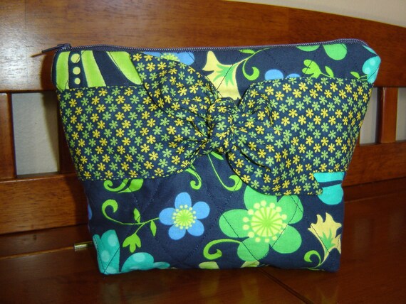 Cosmetic bag make up bag navy blue, turquoise, green with tie front vinyl lined