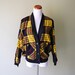 Vintage 80s Plaid Sweater Jacket Button Down Oversized Yellow and Navy Blue Cardigan by Eber