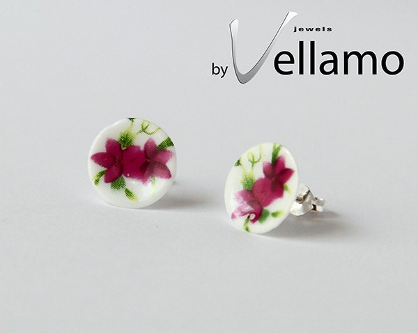 Sterling silver stud earrings with miniature plates, porcelain, fashion stud earrings