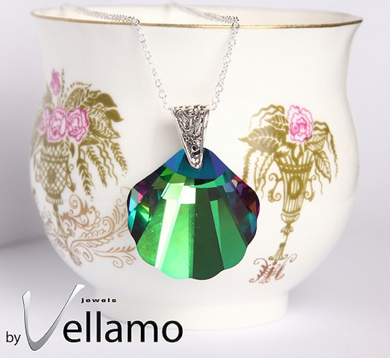 Sterling silver necklace with rare large shell Swarovski crystal, watery shine green, purple, multi-colored Swarovski, crystal Electra