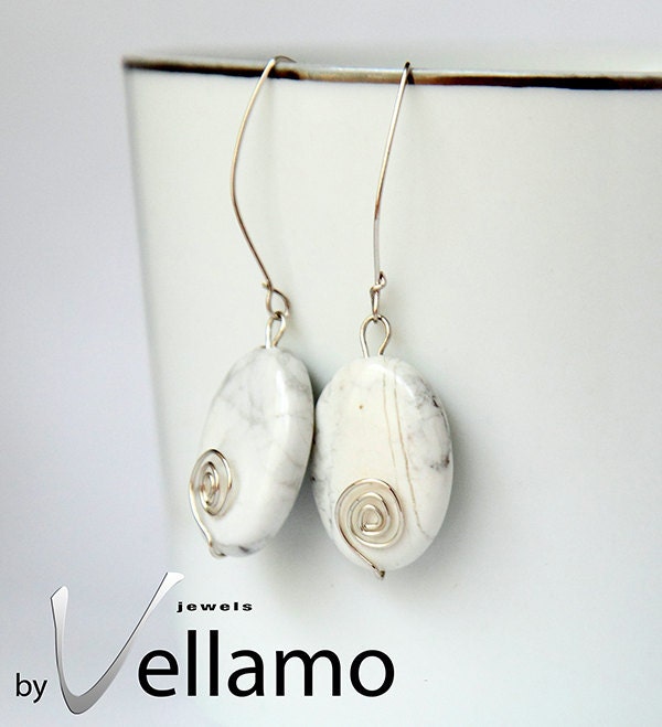 Ear-rings with white high quality howlite gemstones, sterling silver wire spirals
