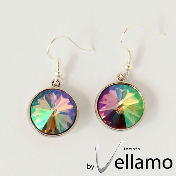Sterling silver earrings with Swarovski crystals, large, 14mm, choose your color, Vitrail rainbow color, purple haze