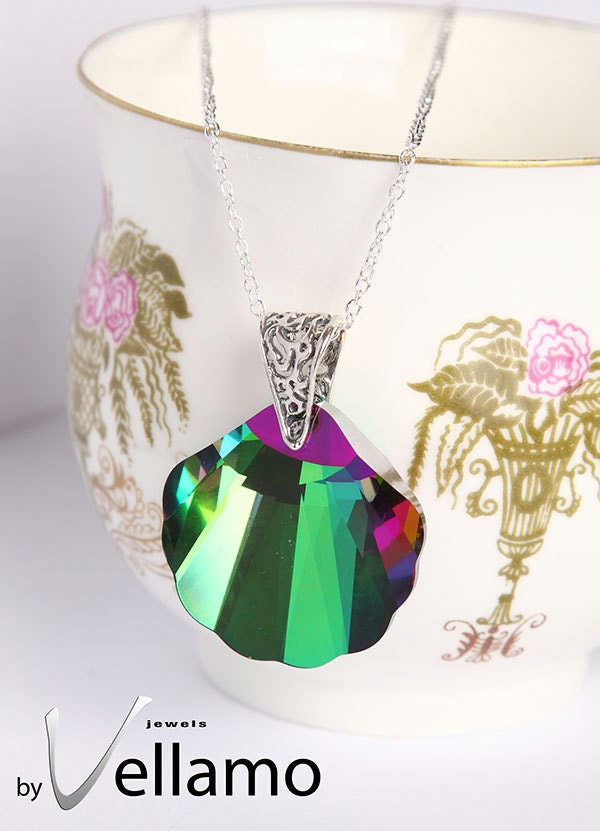 Sterling silver necklace with rare large shell Swarovski crystal, watery shine green, purple, multi-colored Swarovski, crystal Electra