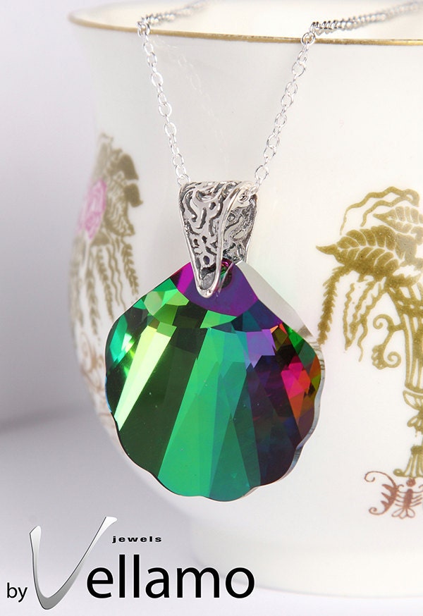 Sterling silver necklace with rare large shell Swarovski crystal, watery shine green, purple, multi-colored Swarovski, crystal Electra