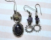 Steampunk Jewelry - Purple Amethyst Gear Necklace and Earrings Set  - Wedding Jewelry - Wedding Jewelry Set - Steampunk Wedding