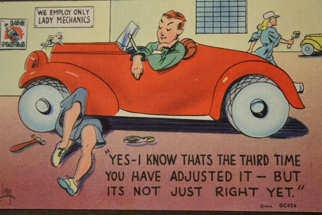 Funny 1940's Vintage Postcard- Colorful Cartoon Illustrations- Lady Mechanics