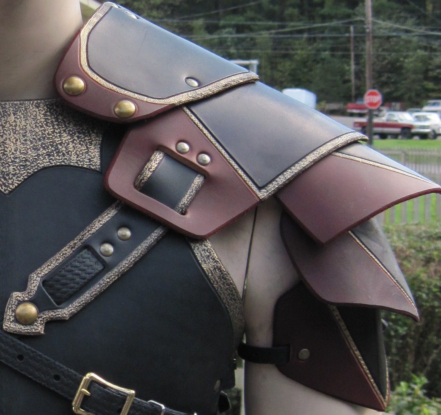 Ornate Gothic leather shoulder armor by SharpMountainLeather