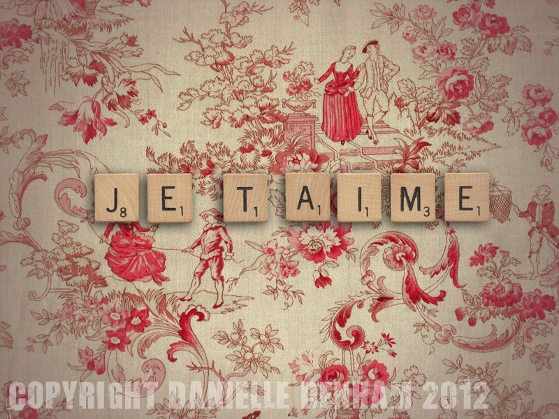 Fine Art Photo Print--I Love You--Scrabble Tiles and Pink French Toile--Je T'Aime--Fine Art Lomography 8x11