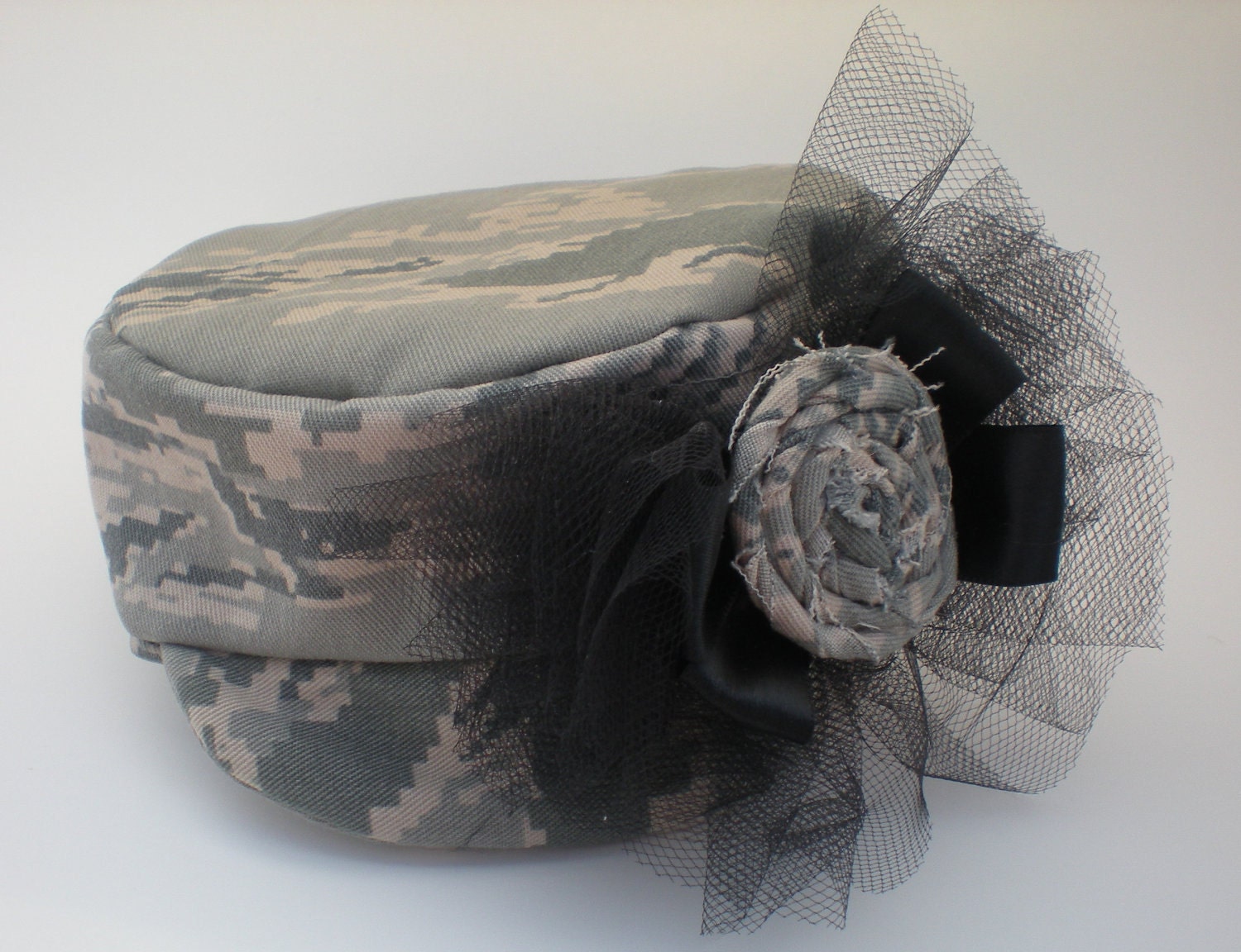 Camouflage Infant Hat with Black Satin Ribbon and Tulle- ABU Camo
