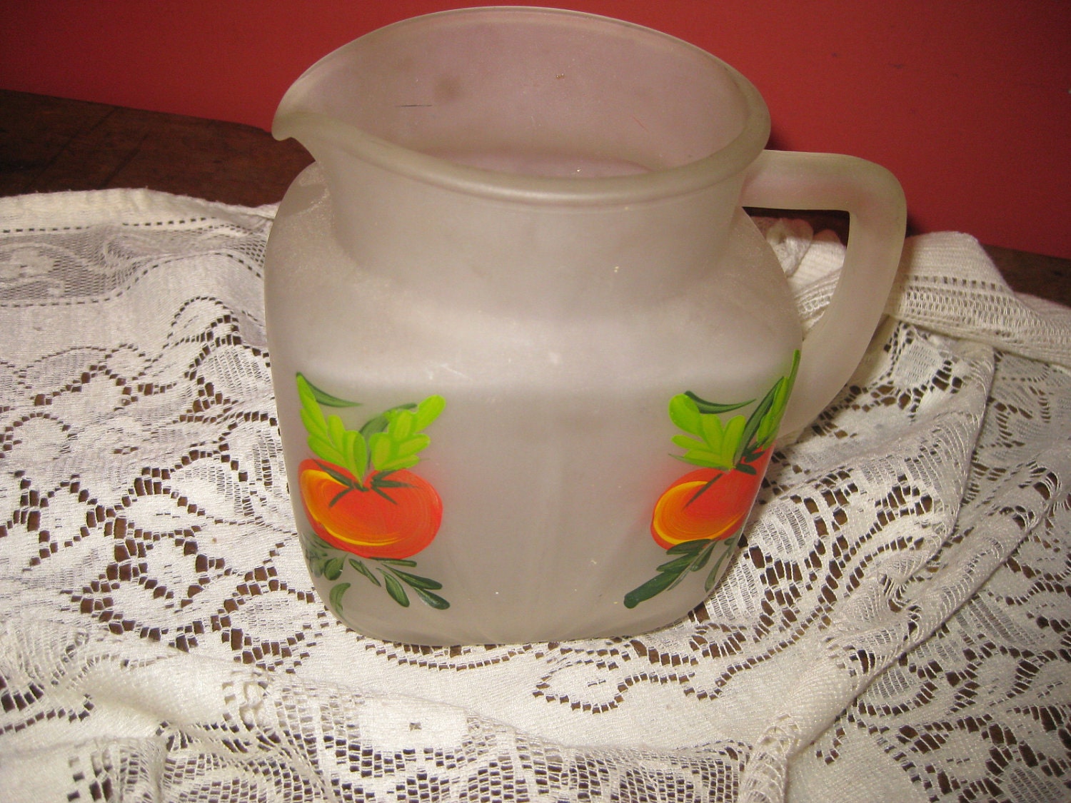 Frosted glass water pitcher painted fruit serving