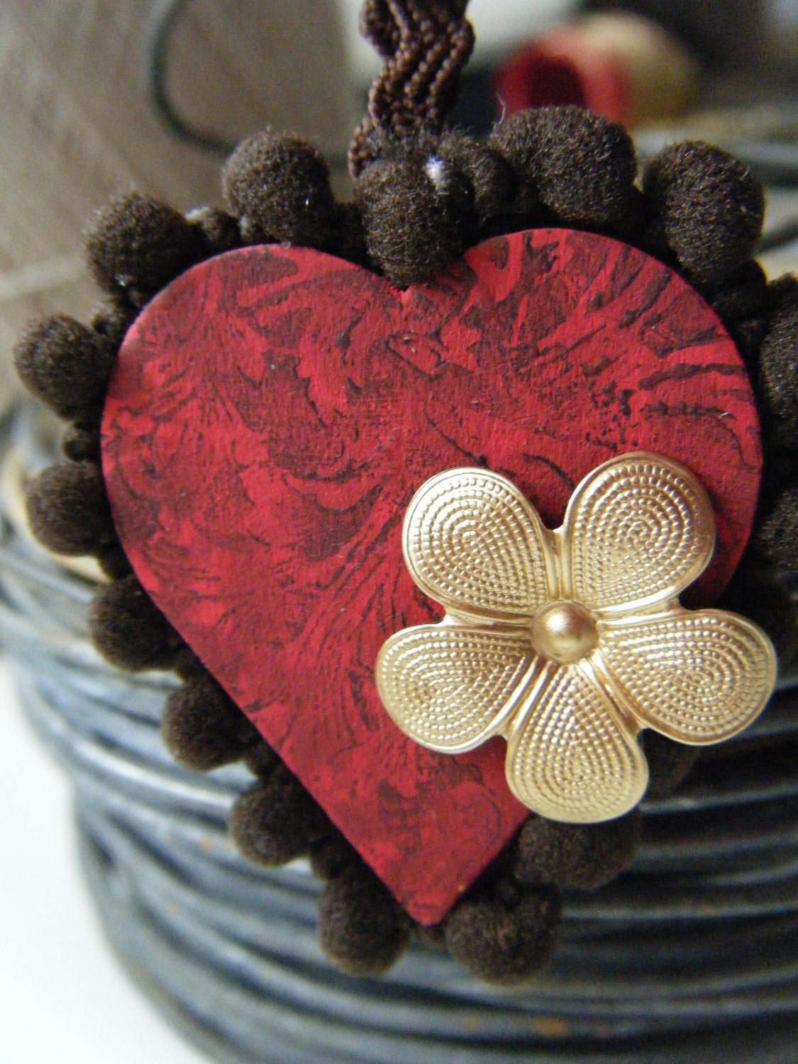Heart Mixed Media Assemblage Hanging Ornament Gift Tag