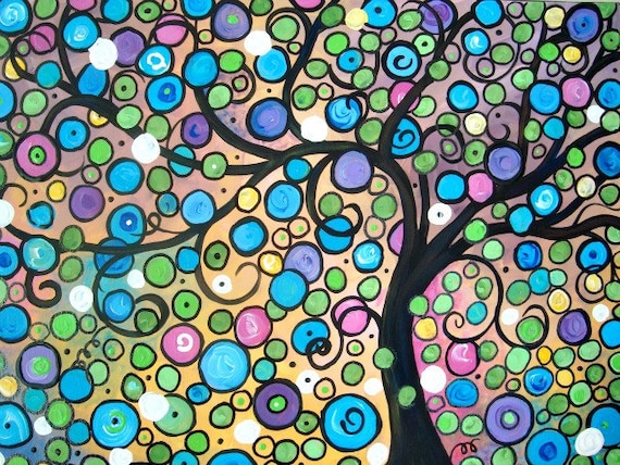 Abstract Tree of Life Painting Springtime Dots Circles Jewel Tone Landscape Original Acrylic Canvas 18" x 24"