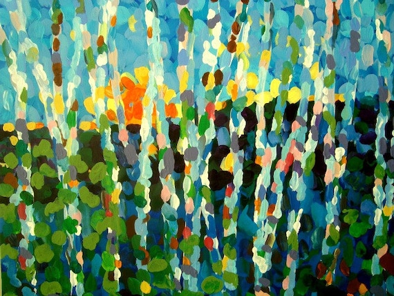 Birch Tree Painting Colorful Impressionistic Landscape Art Canvas Square 20" x 20"