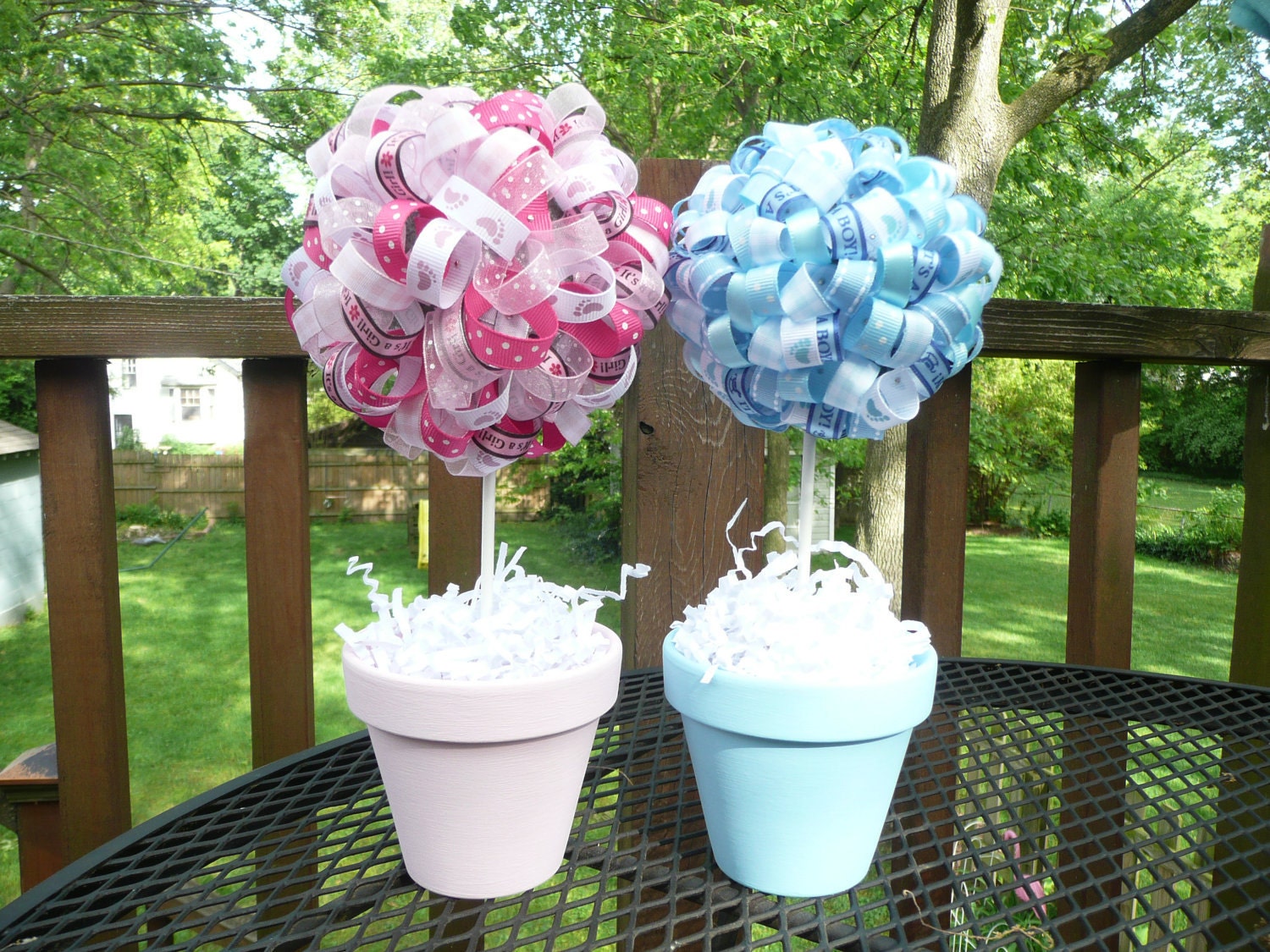 It's A Girl/It's A Boy Small Ribbon Topiary/Clay Pot/Centerpiece/Gift/Baby Shower/