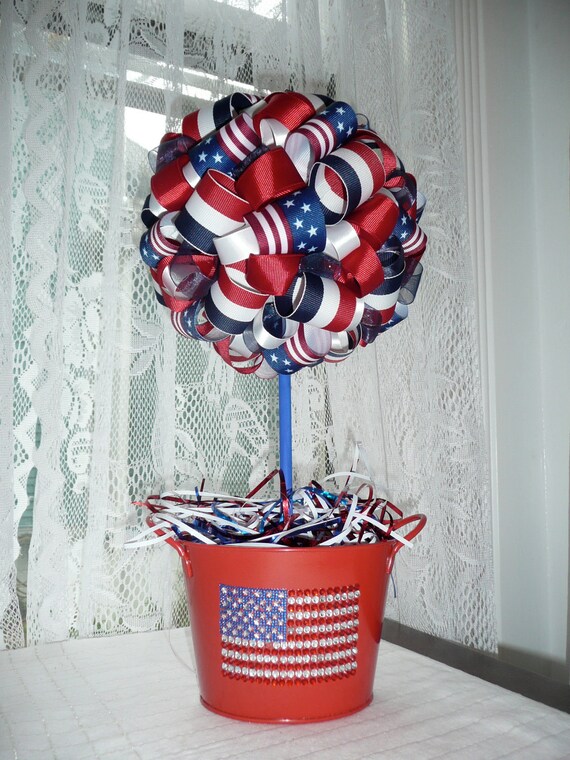 Red, White & Blue/Flag/Stars and Stripes/4th of July/Hero/Veteran/Patriotic Ribbon Centerpiece Topiary