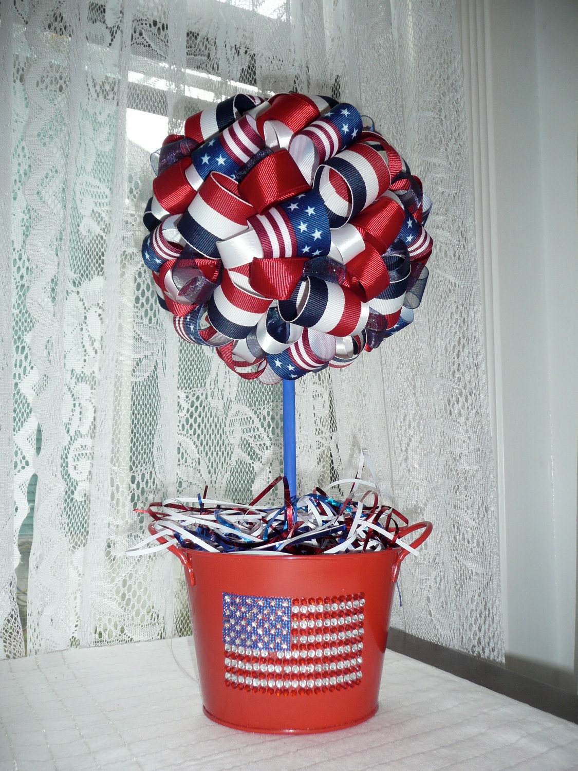 Red, White & Blue/Flag/Stars and Stripes/4th of July/Hero/Veteran/Patriotic Ribbon Centerpiece Topiary