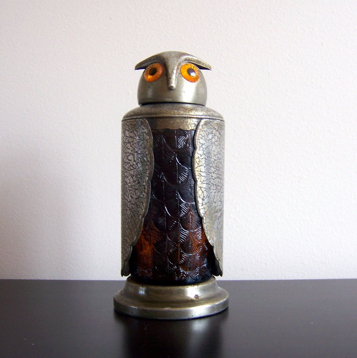 Vintage Mid-Century Amber Glass & Metal Owl Cocktail Shaker Liquor Decanter