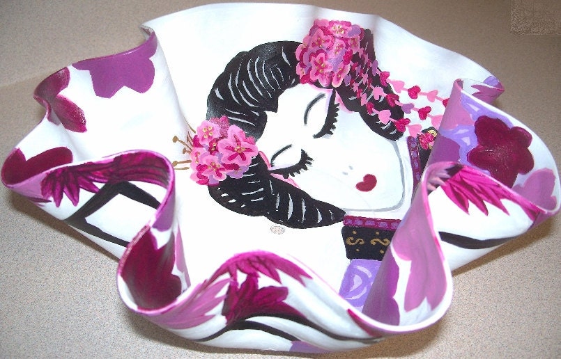 Geisha and Blossoms Decorative Recycled Record Bowl