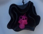 Wretched Rose Sculpted Recycled Record & Painted Tibetan Skull Necklace- Hot Pink