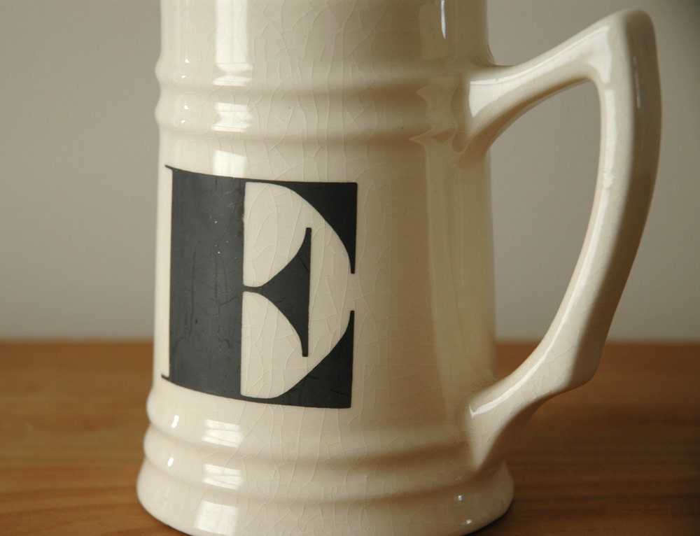 Letter E Beer Stein Mug, Vintage Typography Initial