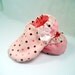 Pink Polka Dot Baby Girl Shoes With Satin Pearl Bow.