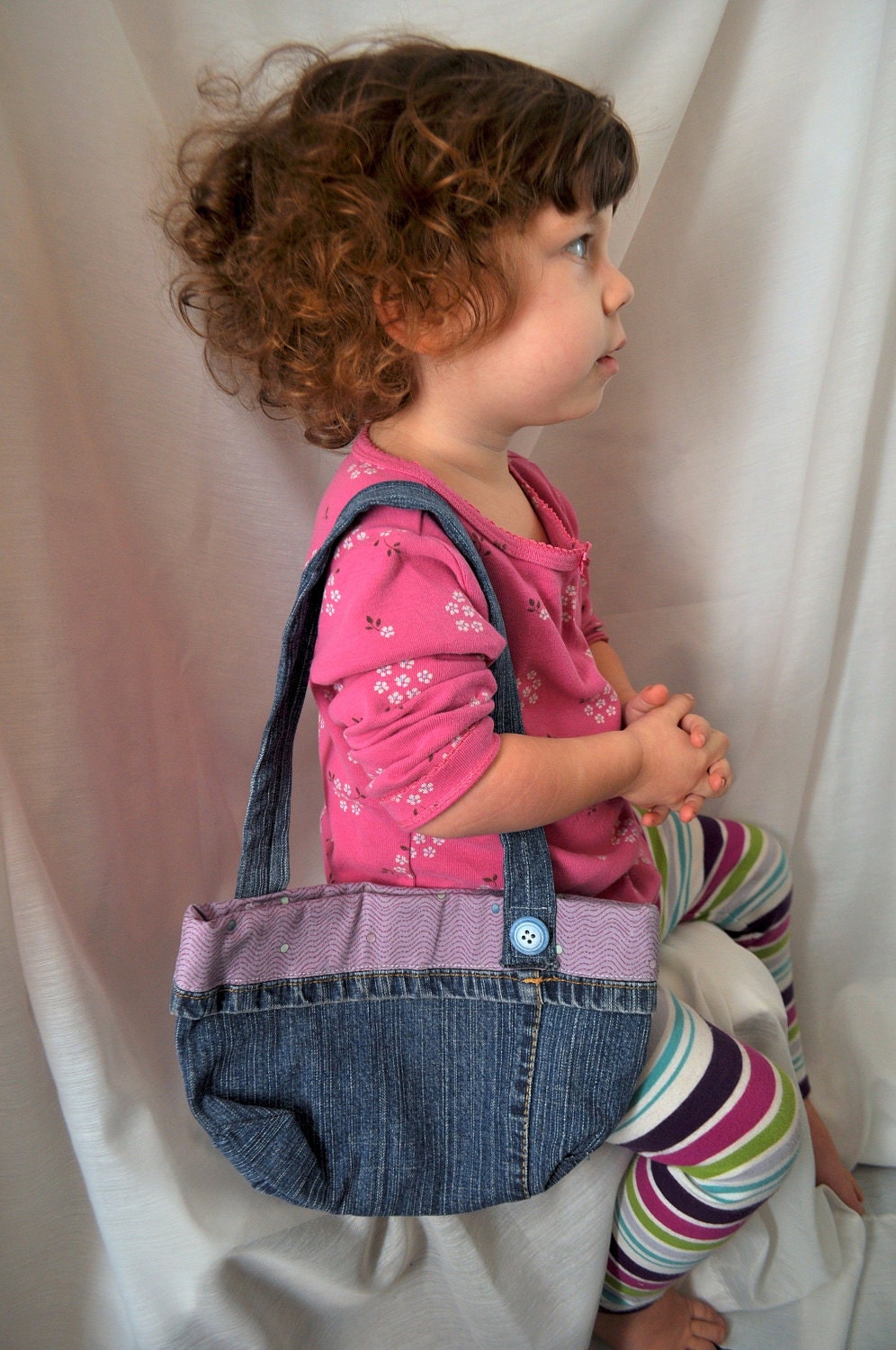 Girls Denim Purse - Handmade from Recycled Denim Jeans with Purple Fabric and Button Accents