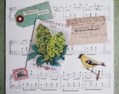 Sunshine, 2011-original collage with sheet music, Goldfinch, seed packet & Victorian calling card