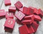 Vintage Red Wooden Tiles with Gold Letters, 6 pc., Small Game Pieces for Altered Art, Mixed Media, Fun Supplies