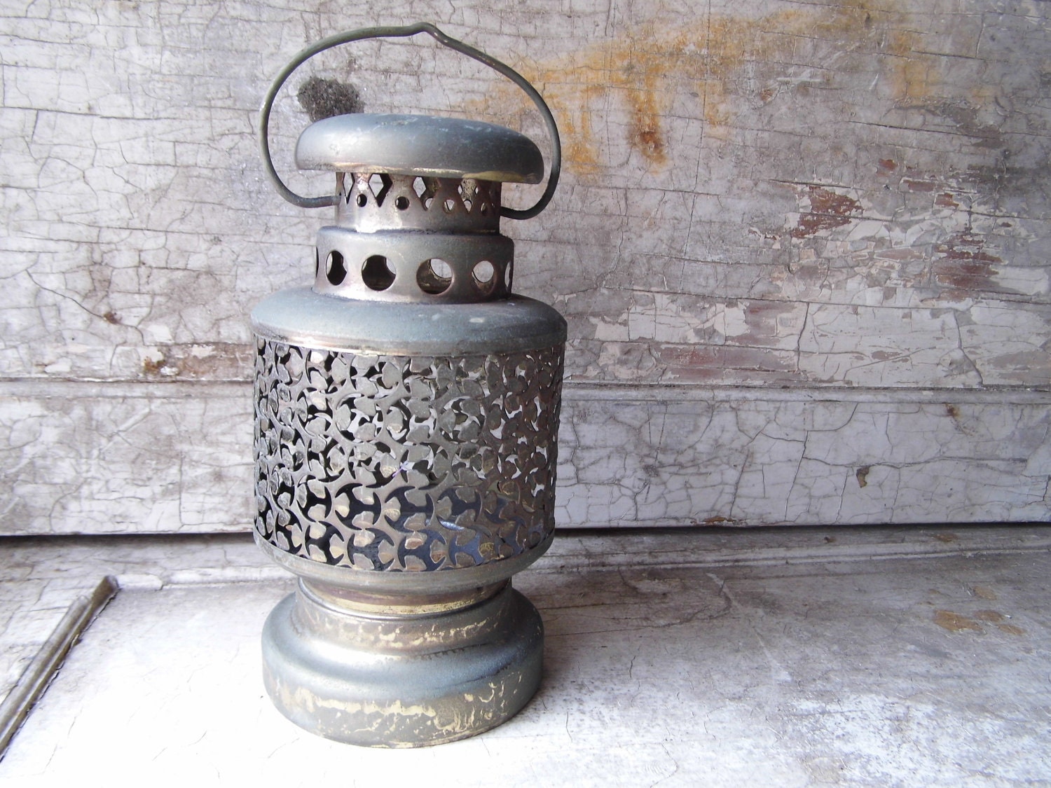 Vintage Ornate Tin Lantern, Light, Lamp with Glass Center, Cottage Chic