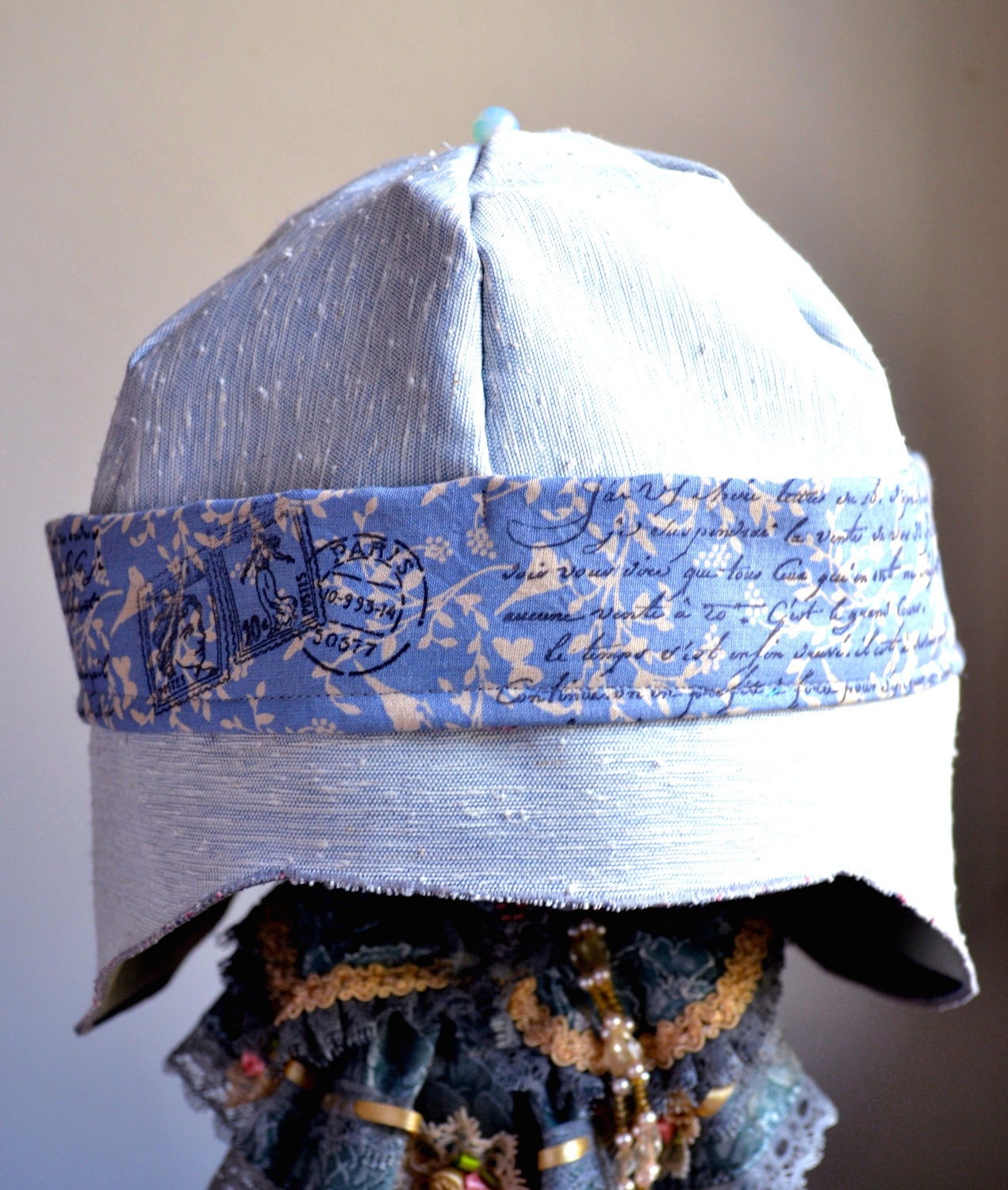 RESERVED FOR ANITA blue linen summer hat, french postage trim, womens hats