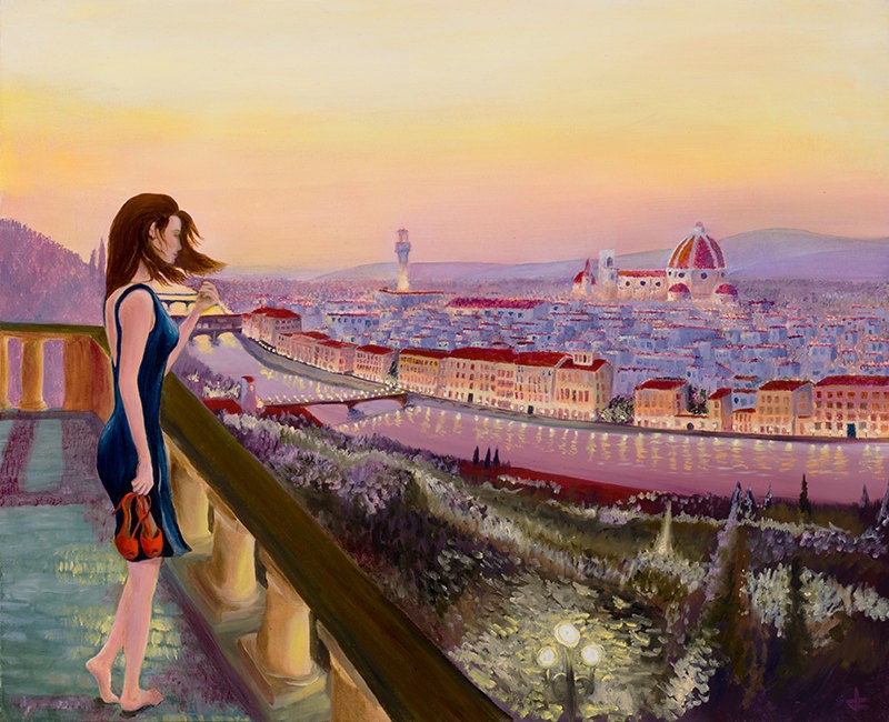 Painting of a woman looking out over Florence, Italy at sunset 18"x21" Print