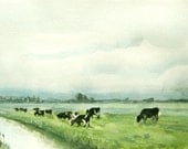 Dutch Landscape, Cows in green meadow, field, farm, Fine Art print from original watercolor -nostalgic, cottage style, country living gift