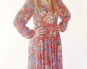 Floral 1970's Vintage Midi Hippie Dress- Size 8