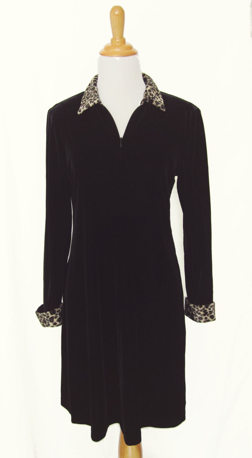 Black Velvet Dress with Leopard Trim Collar - Size M