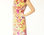 Psychedelic Maxi Dress - Tan and Pink Hippie Dress - Approx Size 4