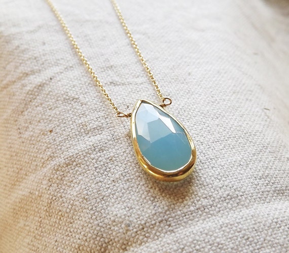 Bezel Set Aqua Chalcedony Gemstone Gold Necklace - Bezel Set Necklace