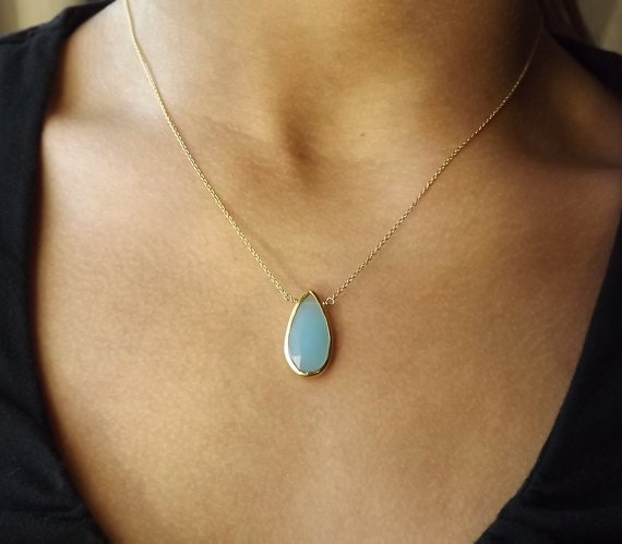 Bezel Set Aqua Chalcedony Gemstone Gold Necklace - Bezel Set Necklace