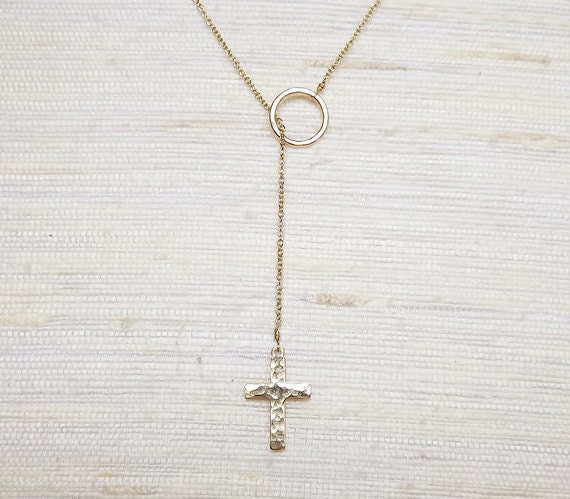 Gold Filled Hammered Cross Long Lariat - Gold Necklace - Everyday Necklace - Cross Necklace - Religious Jewelry
