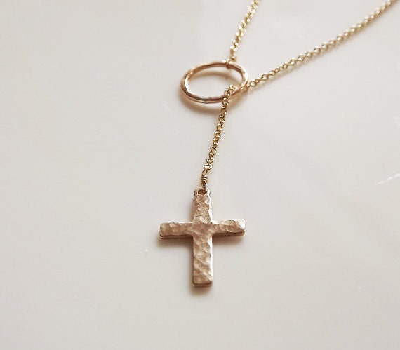 Gold Filled Hammered Cross Long Lariat - Gold Necklace - Everyday Necklace - Cross Necklace - Religious Jewelry