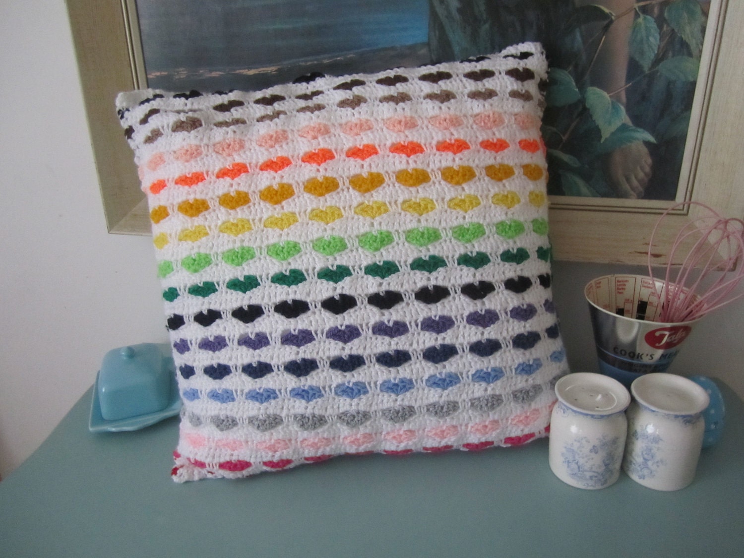 Double-sided rainbow striped heart motif handmade crochet cushion cover