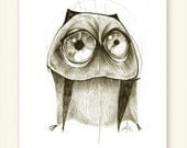 Owl Big Eyes Print A5 Sepia
