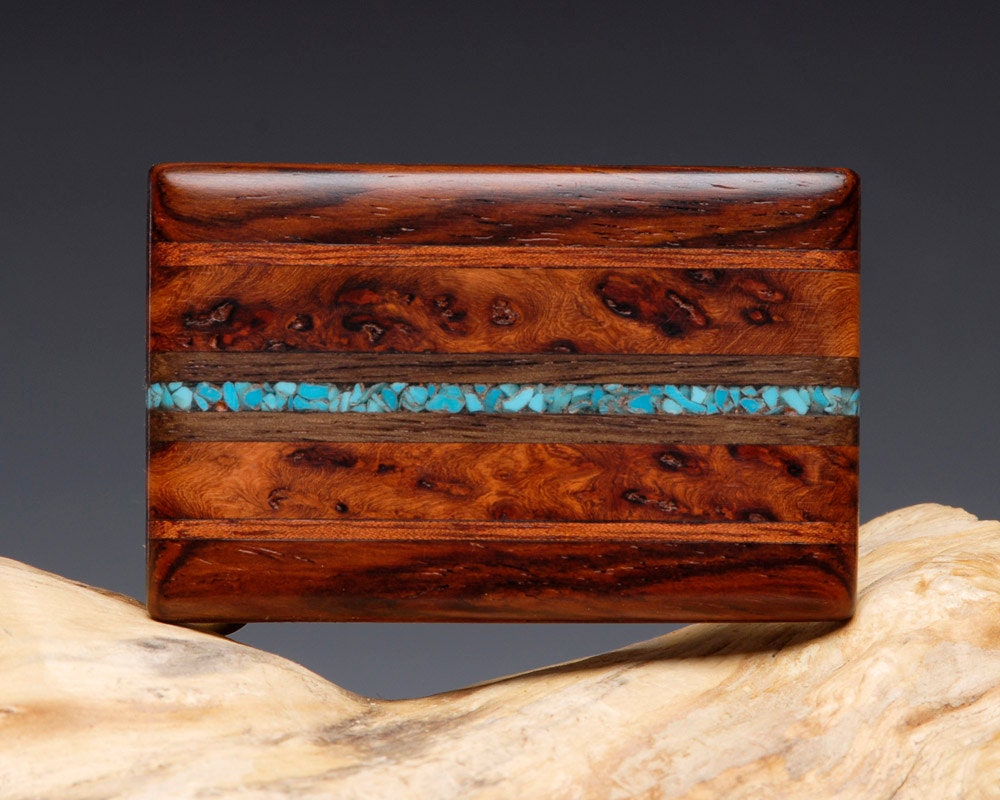 Exotic Wood and Turquoise Inlaid Belt Buckle