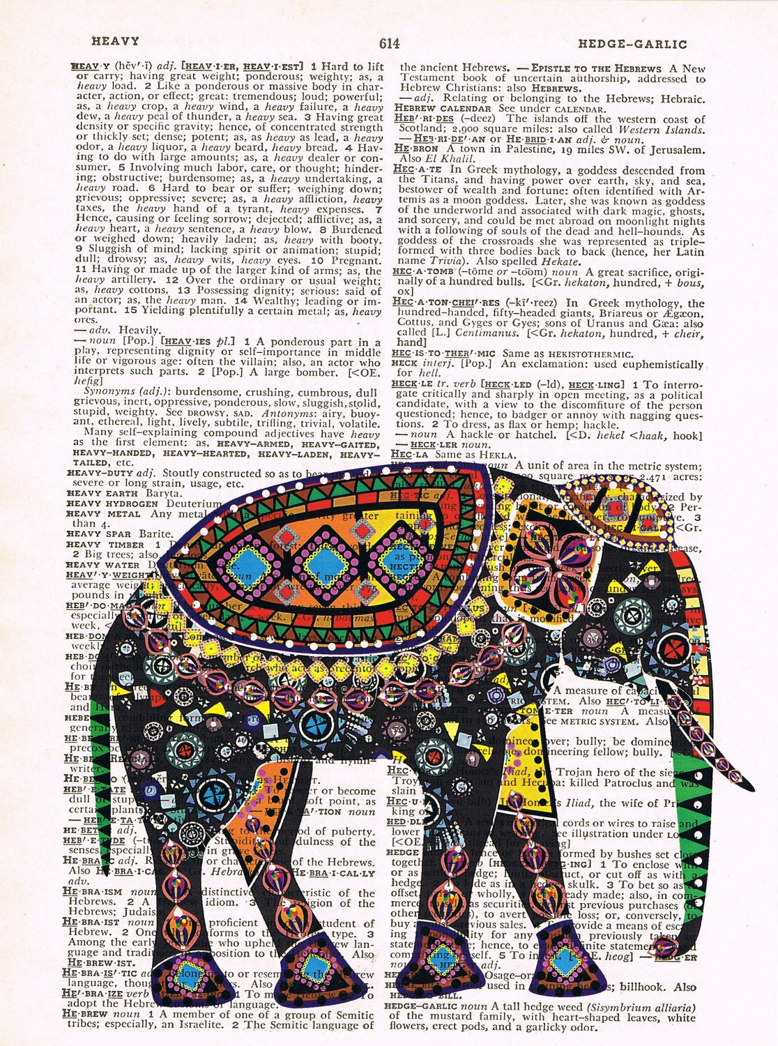INDIAN ART ELEPHANT Colorful Upcycled Art Print Illustration Upcycled Book Page Antique Vintage Book Print