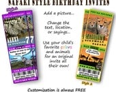 Custom Birthday Ticket Style Invites, Safari Style Birthday Invitations - Exclusive VIP Passes Customize animals, colors and more, JPEG only