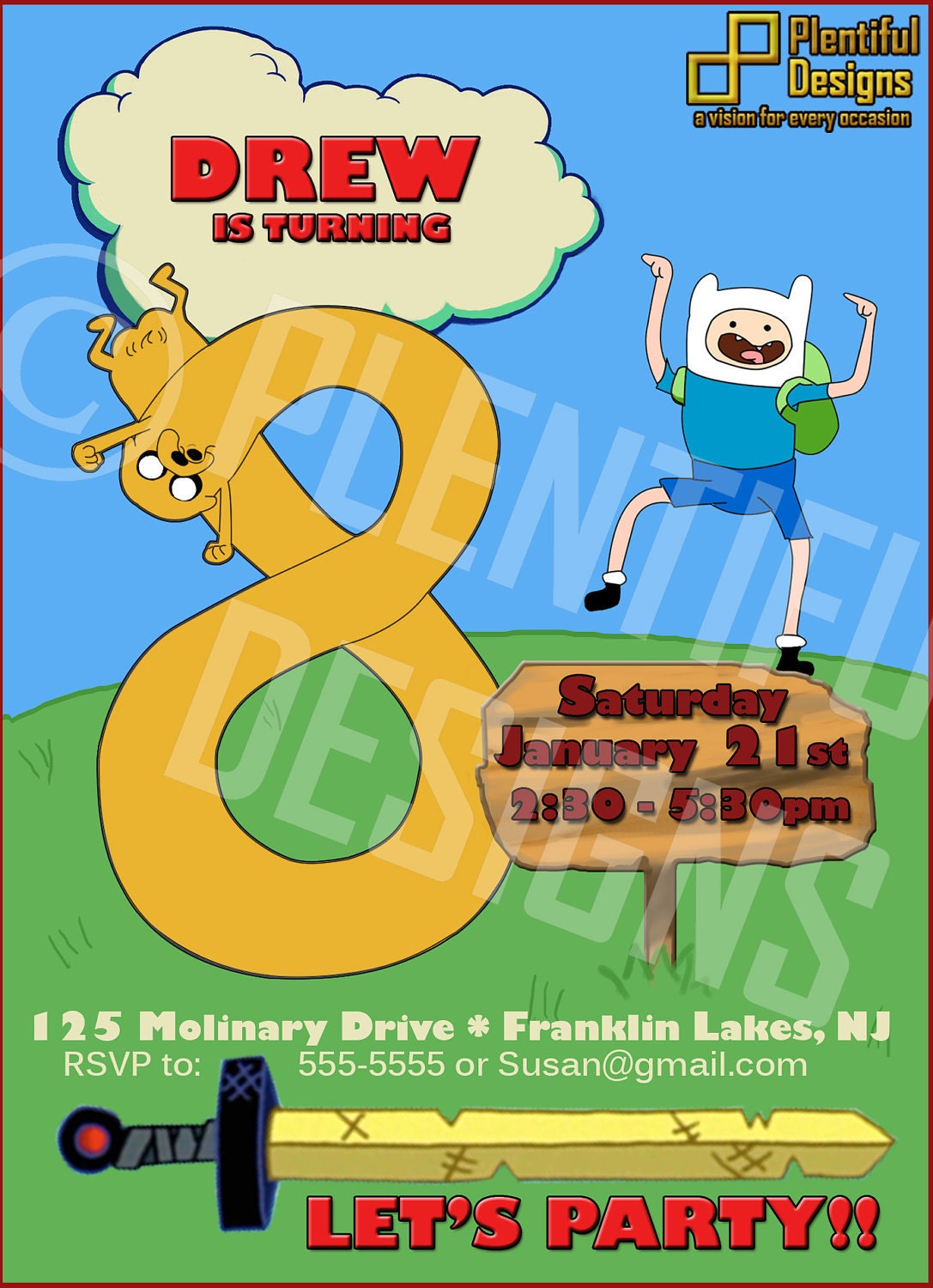 Custom Designed Cartoon Birthday Cards, Adventure Time Inspired Custom Birthday Invitation, JPEG only