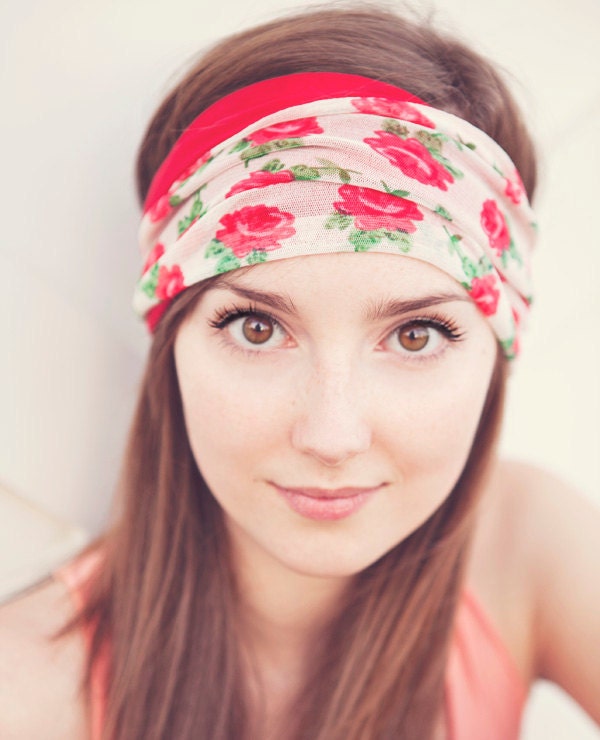 Rose Floral and Red Headband Reversible