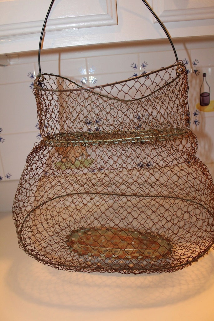 Vintage French Wire Fishing Creel Basket Industrial Lamp Light Cage