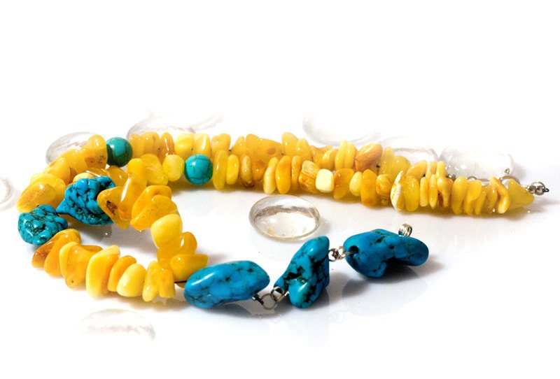 Butterscotch baltic amber and turquoise necklace - yellow and blue