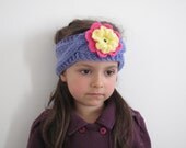 Lovely Knit Headband, Earwarmer with Pink Flower - Baby, Toddler, Child