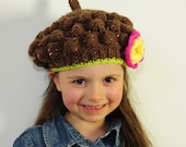 Lovely Girl's Hand Knit Brown Beret Hat with Flower- Baby, Toddler, Chlid